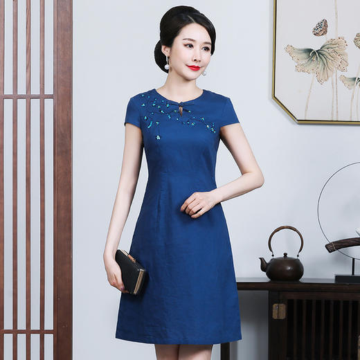 上海旗袍厂JC-JY5059连衣裙夏季短袖新款时尚气质圆领棉麻绣花裙 商品图3