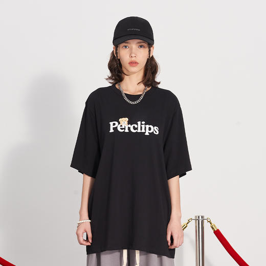 PCLP(PERCLIPS) 小熊LOGO潮流印花短袖男国潮牌纯棉宽松半袖t恤男 商品图0