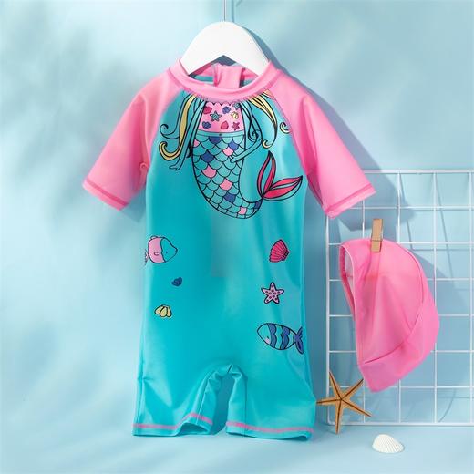 贝贝怡2021新款女童连体泳衣宝宝速干防晒美人鱼儿童泳帽泳衣套装212P2355 商品图2