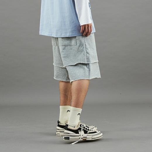 PCLP(PERCLIPS) 灰色假两件双层短裤 五分裤毛边宽松抽绳高街 商品图2
