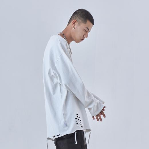 PCLP(PERCLIPS)圆领破洞白色长袖T恤 国潮牌纯棉内搭打底衫体恤男 商品图3