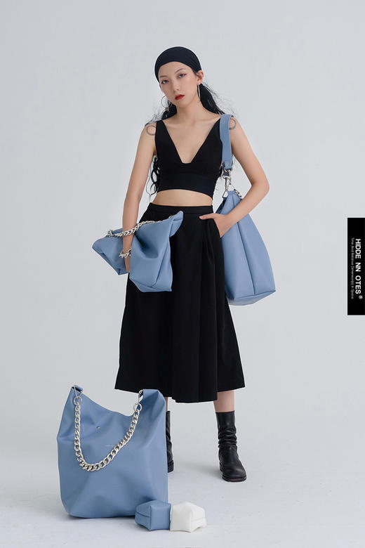 〖HIDDE NN OTES〗原创单肩包 仿羊皮大容量雾霾蓝链条斜挎托特包 商品图0