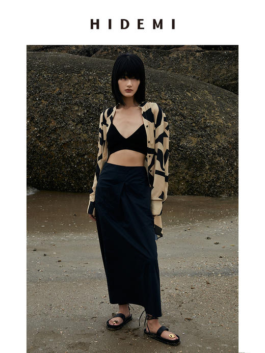 HIDEMI黑色简约大口袋设计感半身A字长裙 商品图8