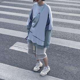 PCLP(PERCLIPS) 灰色假两件双层短裤 五分裤毛边宽松抽绳高街