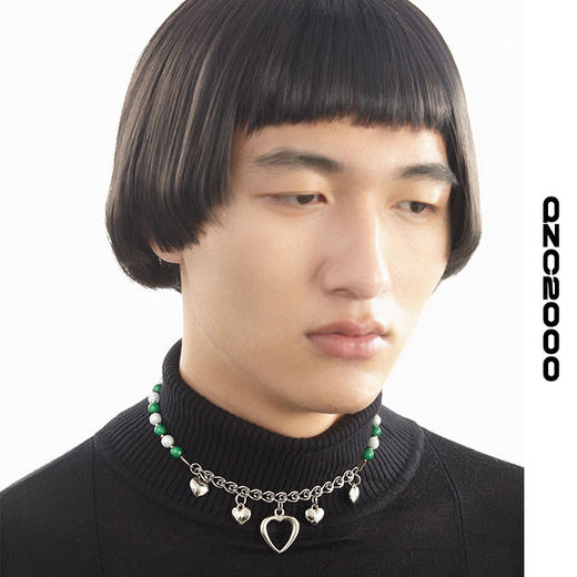 QZC2000 Y2K爱心吊坠绿色反光梦幻珍珠拼白串珠磁铁吸扣项链 商品图2