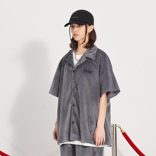 PCLP(PERCLIPS) 星星丝绒短袖衬衫国潮牌休闲宽松纯色半袖衬衣男 商品图2