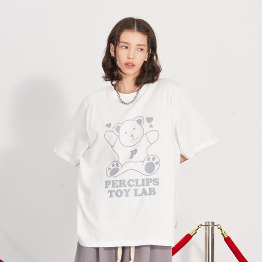 PCLP(PERCLIPS) 坐姿爱心熊潮流印花短袖国潮牌纯棉宽松半袖t恤男 商品图2