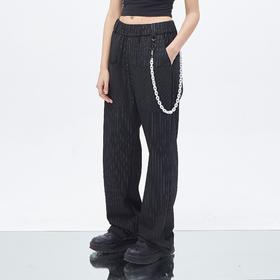 PCLP(PERCLIPS) 条纹西裤休闲长裤 白色裤链微喇叭裤型西装裤