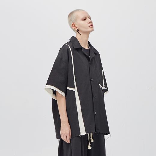 PCLP(PERCLIPS) 拼接短袖衬衫 毛边破坏潮流解构工装日系半袖衬衣 商品图2