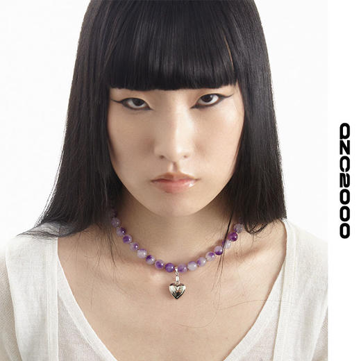 QZC2000 Y2K紫色渐变梦幻珍珠金属爱心吊坠磁铁吸扣项链男女饰品 商品图2