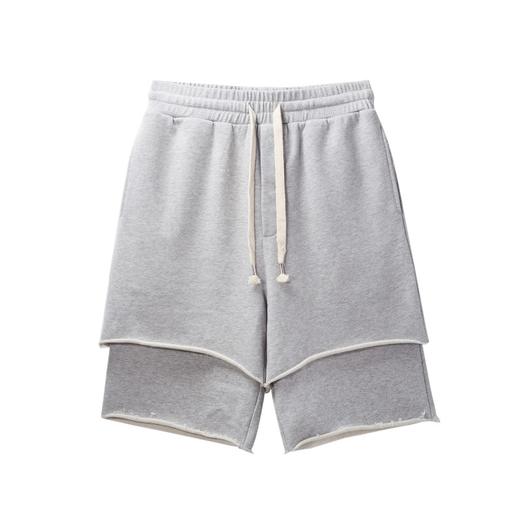 PCLP(PERCLIPS) 灰色假两件双层短裤 五分裤毛边宽松抽绳高街 商品图4