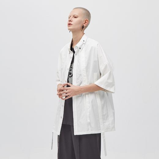 PCLP(PERCLIPS) 白色飘带短袖衬衫 夏季薄款休闲男士衬衣宽松潮 商品图2