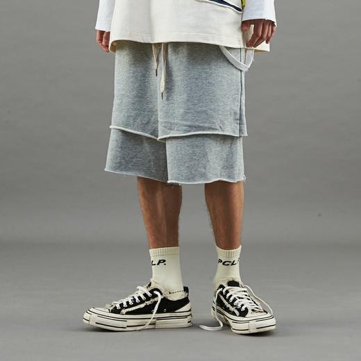 PCLP(PERCLIPS) 灰色假两件双层短裤 五分裤毛边宽松抽绳高街 商品图1