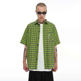 FPA(VENGETICE)绿色格纹口袋短袖衬衫 格子男国潮牌撞色宽松衬衣