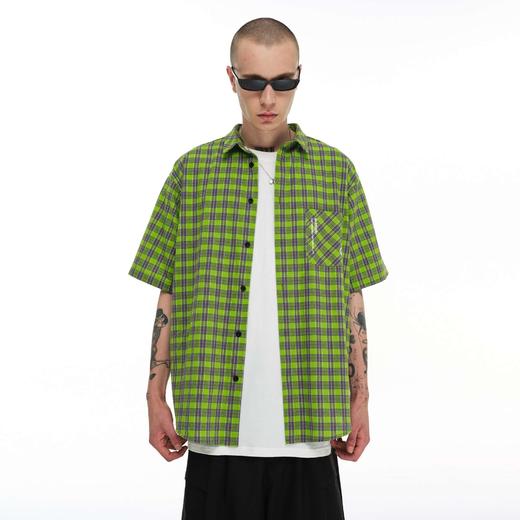 FPA(VENGETICE)绿色格纹口袋短袖衬衫 格子男国潮牌撞色宽松衬衣 商品图0