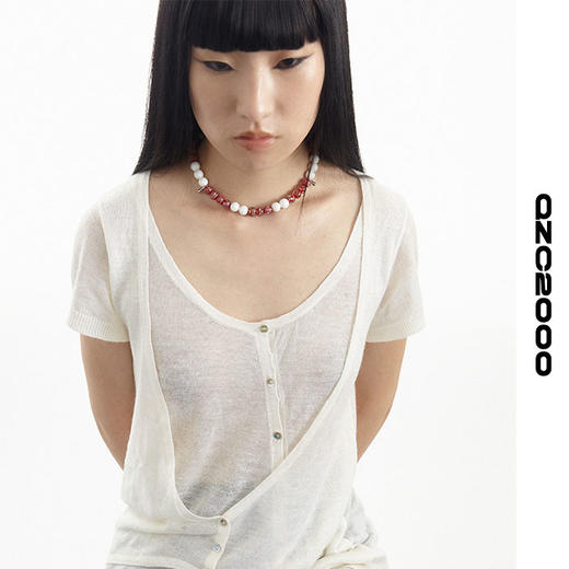 QZC2000 红色血滴纹理珍珠梦幻珍珠铆钉吊坠可调节项链男女饰品 商品图2