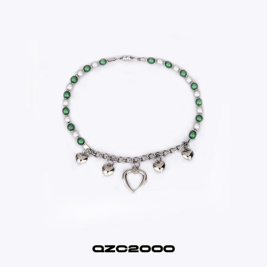 QZC2000 Y2K爱心吊坠绿色反光梦幻珍珠拼白串珠磁铁吸扣项链 商品图0