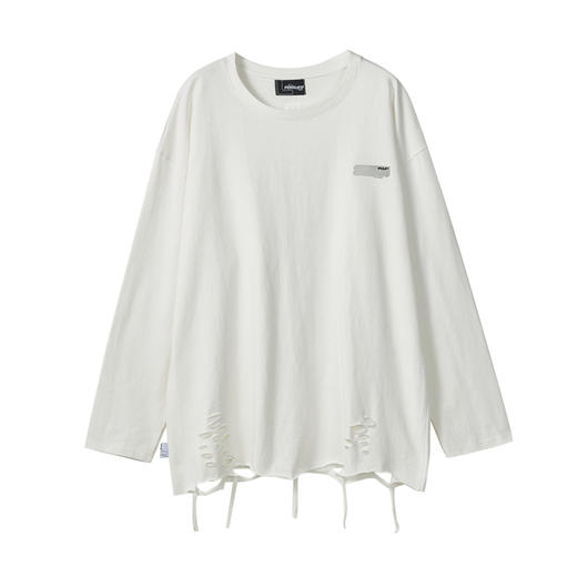 PCLP(PERCLIPS)圆领破洞白色长袖T恤 国潮牌纯棉内搭打底衫体恤男 商品图4