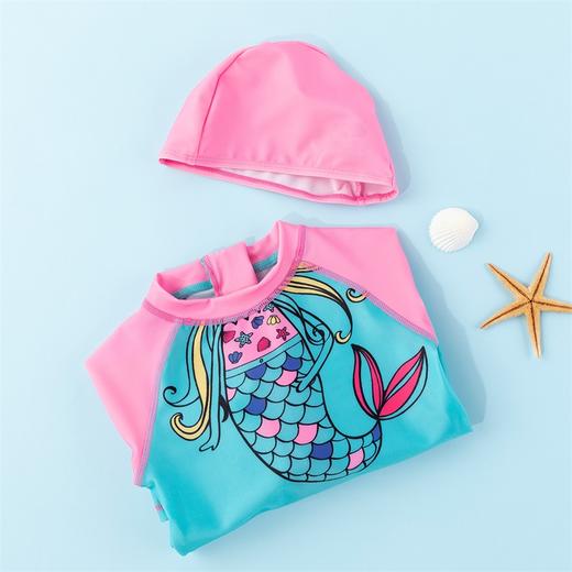 贝贝怡2021新款女童连体泳衣宝宝速干防晒美人鱼儿童泳帽泳衣套装212P2355 商品图3
