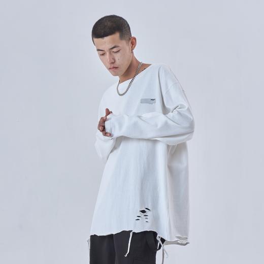 PCLP(PERCLIPS)圆领破洞白色长袖T恤 国潮牌纯棉内搭打底衫体恤男 商品图2