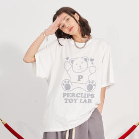 PCLP(PERCLIPS) 坐姿爱心熊潮流印花短袖国潮牌纯棉宽松半袖t恤男