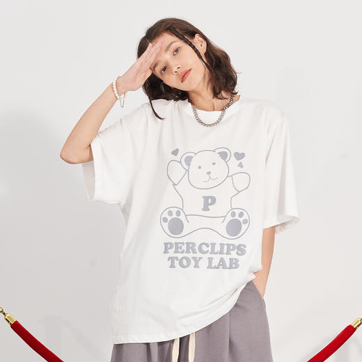 PCLP(PERCLIPS) 坐姿爱心熊潮流印花短袖国潮牌纯棉宽松半袖t恤男 商品图0