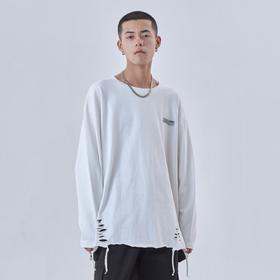 PCLP(PERCLIPS)圆领破洞白色长袖T恤 国潮牌纯棉内搭打底衫体恤男