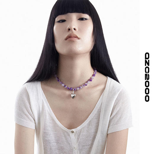 QZC2000 Y2K紫色渐变梦幻珍珠金属爱心吊坠磁铁吸扣项链男女饰品 商品图1