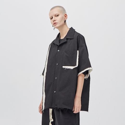 PCLP(PERCLIPS) 拼接短袖衬衫 毛边破坏潮流解构工装日系半袖衬衣 商品图3