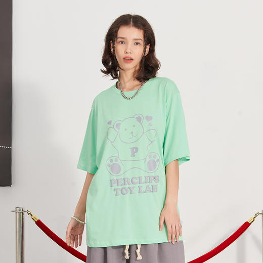 PCLP(PERCLIPS) 坐姿爱心熊潮流印花短袖国潮牌纯棉宽松半袖t恤男 商品图3