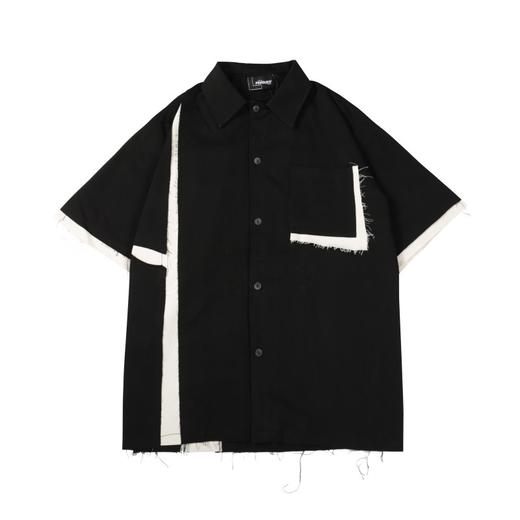 PCLP(PERCLIPS) 拼接短袖衬衫 毛边破坏潮流解构工装日系半袖衬衣 商品图4