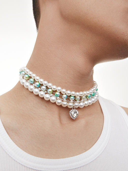 权正长 原创复古多层叠戴珍珠爱心宝石吊坠锁骨链项链 小众设计 商品图1