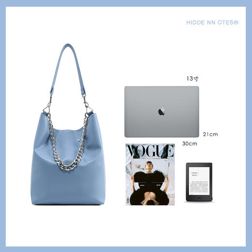 〖HIDDE NN OTES〗原创单肩包 仿羊皮大容量雾霾蓝链条斜挎托特包 商品图1