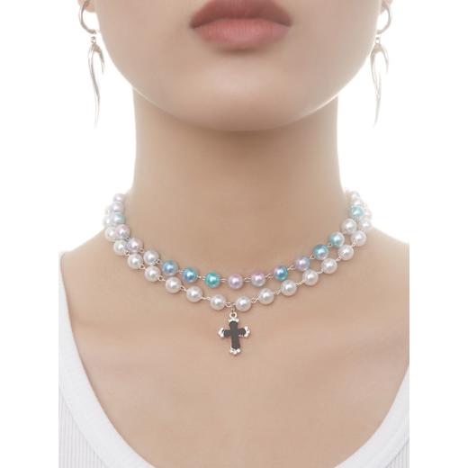 QZC2000 原创双层梦幻珍珠十字架边钻吊坠项链 小众设计 商品图1