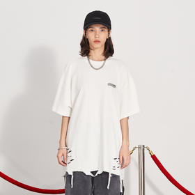 PCLP(PERCLIPS) 割烂破坏烫唛潮流印花短袖男国潮牌宽松半袖t恤男