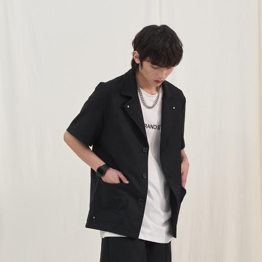 PCLP(PERCLIPS) 铆钉短袖西装衬衫 国潮牌黑色休闲夏季半袖衬衣男 商品图3