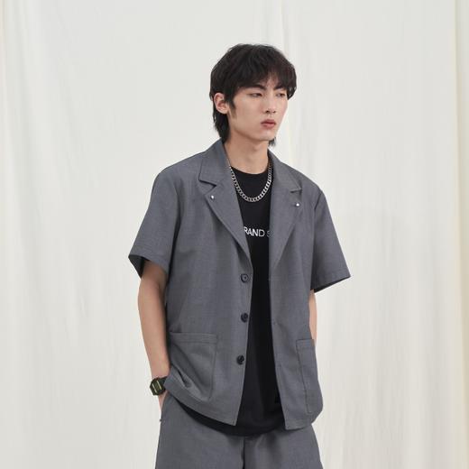 PCLP(PERCLIPS) 铆钉短袖西装衬衫 国潮牌黑色休闲夏季半袖衬衣男 商品图1