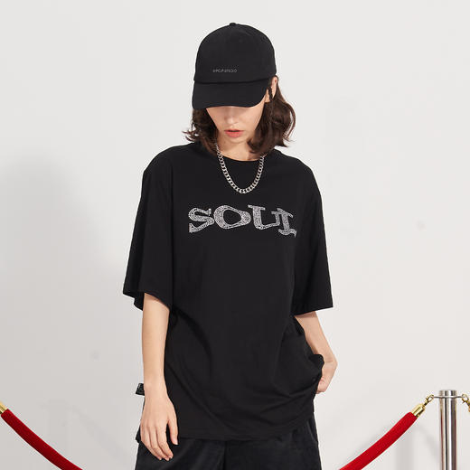 PCLP(PERCLIPS) 烫钻SOUL潮流印花短袖男国潮牌纯棉宽松半袖t恤男 商品图2