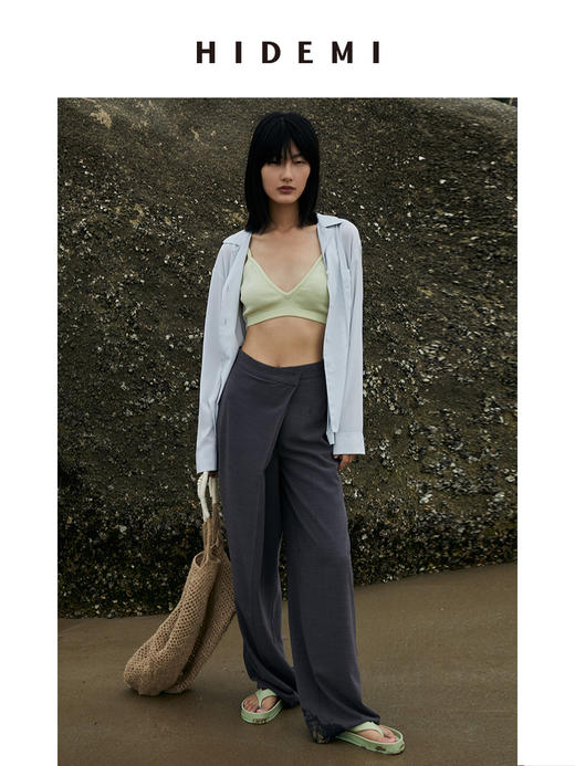 HIDEMI夜灰色简约不对称设计感一粒扣阔腿裤 商品图9