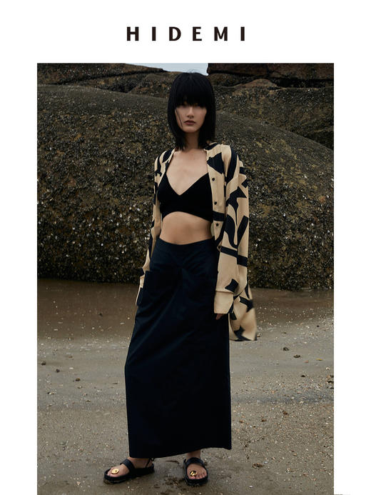 HIDEMI黑色简约大口袋设计感半身A字长裙 商品图9