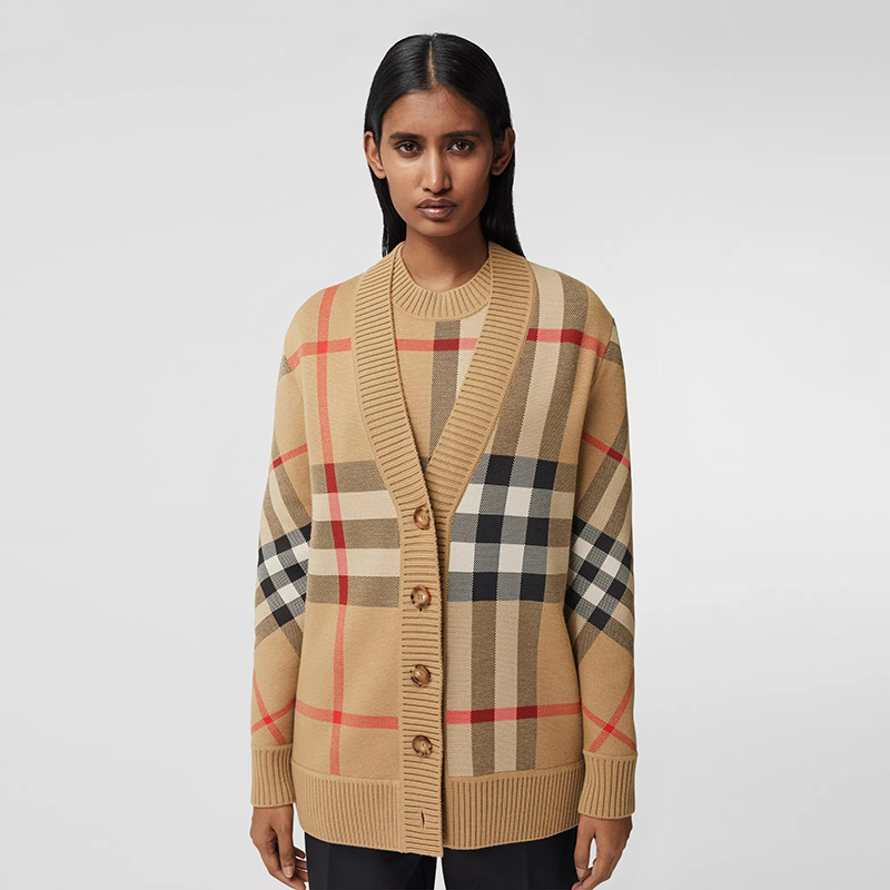 【一】BURBERRY 巴宝莉 女士格纹科技羊毛提花开衫 典藏米色 8039153 A7026