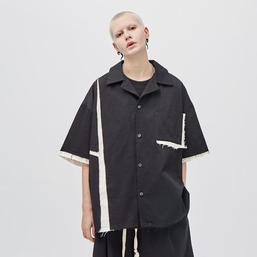 PCLP(PERCLIPS) 拼接短袖衬衫 毛边破坏潮流解构工装日系半袖衬衣 商品图1