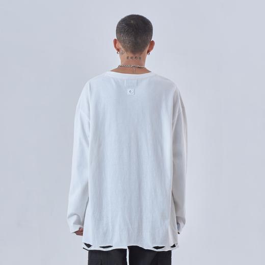 PCLP(PERCLIPS)圆领破洞白色长袖T恤 国潮牌纯棉内搭打底衫体恤男 商品图1