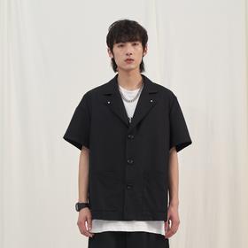 PCLP(PERCLIPS) 铆钉短袖西装衬衫 国潮牌黑色休闲夏季半袖衬衣男