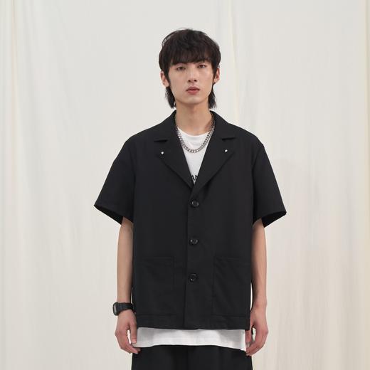 PCLP(PERCLIPS) 铆钉短袖西装衬衫 国潮牌黑色休闲夏季半袖衬衣男 商品图0