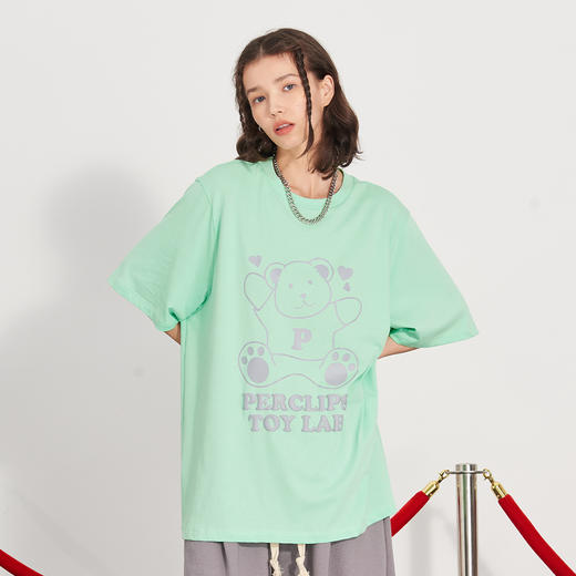 PCLP(PERCLIPS) 坐姿爱心熊潮流印花短袖国潮牌纯棉宽松半袖t恤男 商品图1