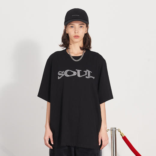 PCLP(PERCLIPS) 烫钻SOUL潮流印花短袖男国潮牌纯棉宽松半袖t恤男 商品图0