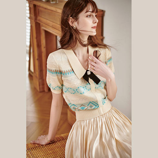 欧芮儿提花毛针织衫女夏2021新款气质优雅通勤宽松短袖薄款上衣女 商品图1