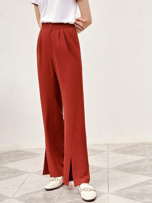 欧芮儿红色休闲裤女夏2021新款高腰显瘦气质优雅时髦开衩拖地长裤 商品图2