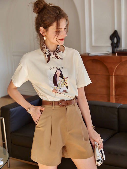 欧芮儿短袖印花t恤女2021新款圆领趣味图案钉珠时髦宽松上衣 商品图0